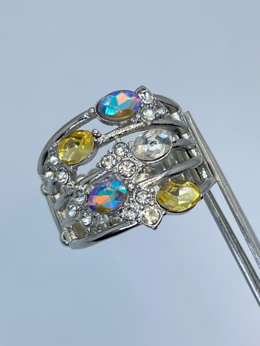 Silver Tone Multicolor Crystal Stretch Ring AB Yellow Statement